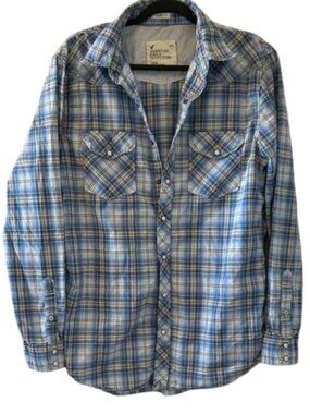 American Eagle Outfitters Light Blue Plaid Long-Sleeve Button-Down Shirt